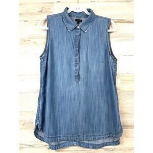Talbots Womens L Blue Cotton Popover Sleeveless Collared Lightweight Summer Top